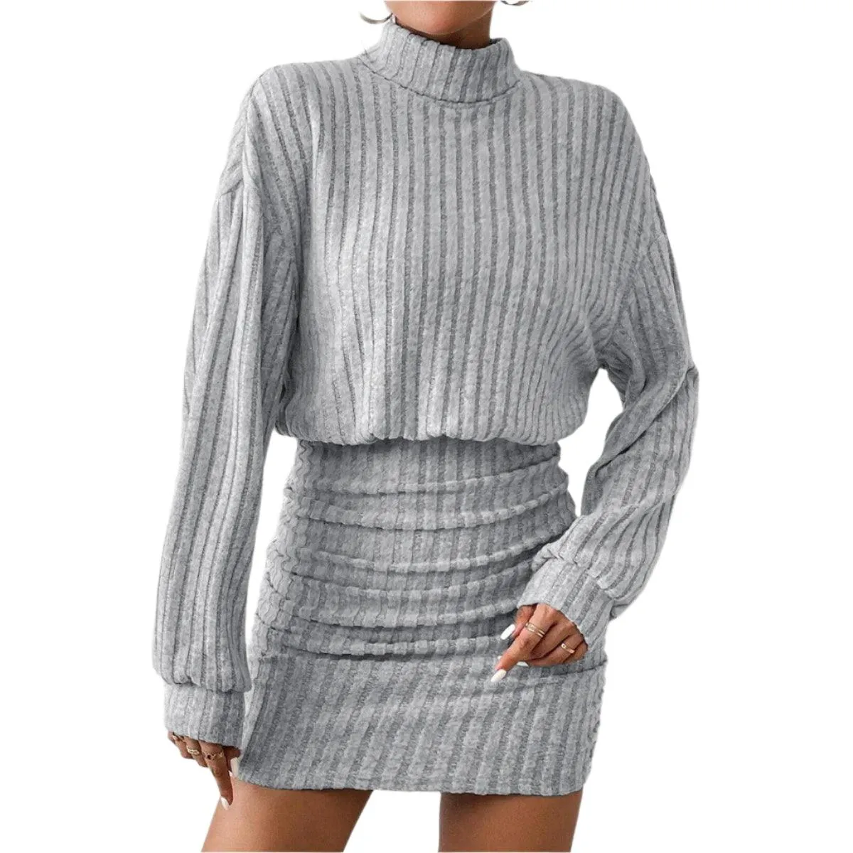 Women's High Neck Slim Knit Sweater Dress – Casual Long Sleeve Solid Mini Dress