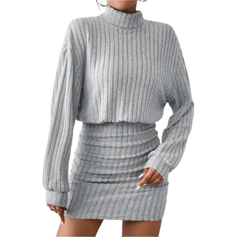 Women's High Neck Slim Knit Sweater Dress – Casual Long Sleeve Solid Mini Dress