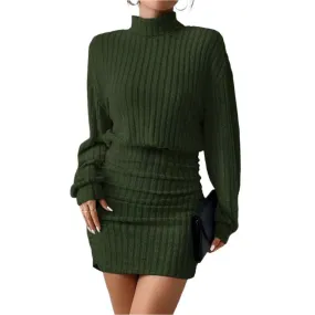 Women's High Neck Slim Knit Sweater Dress – Casual Long Sleeve Solid Mini Dress