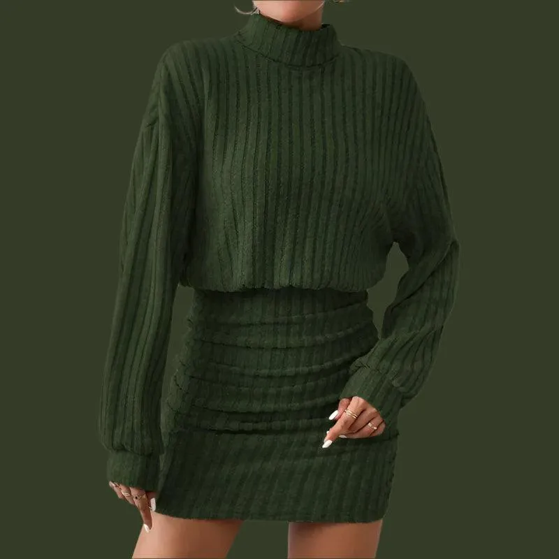 Women's High Neck Slim Knit Sweater Dress – Casual Long Sleeve Solid Mini Dress