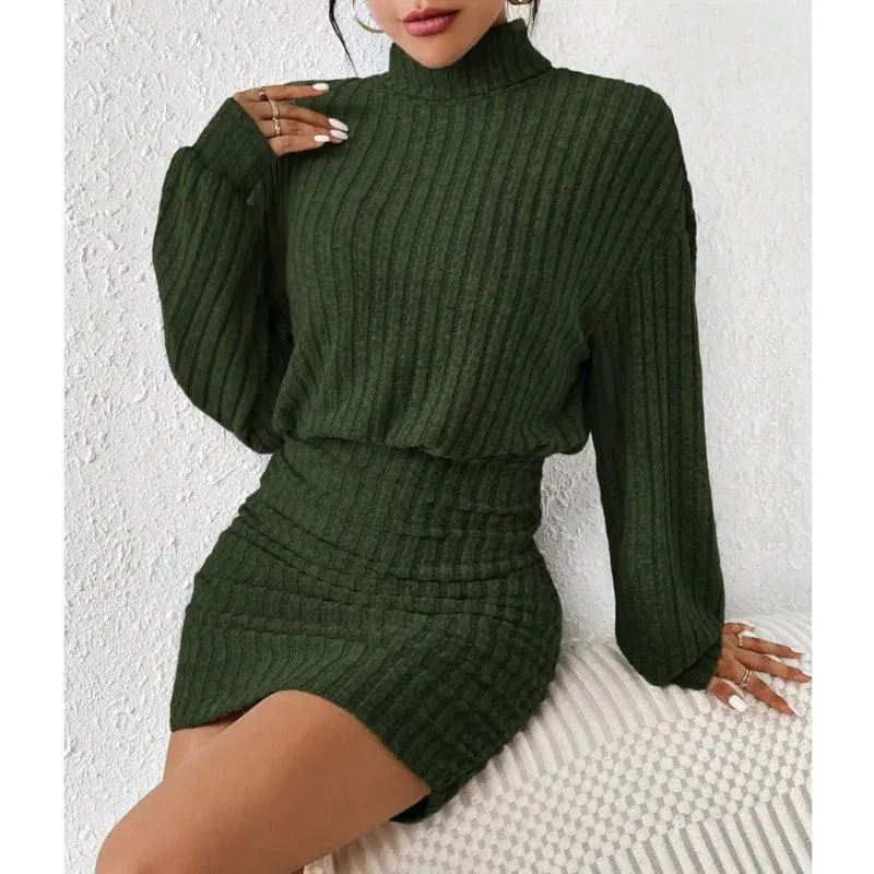 Women's High Neck Slim Knit Sweater Dress – Casual Long Sleeve Solid Mini Dress