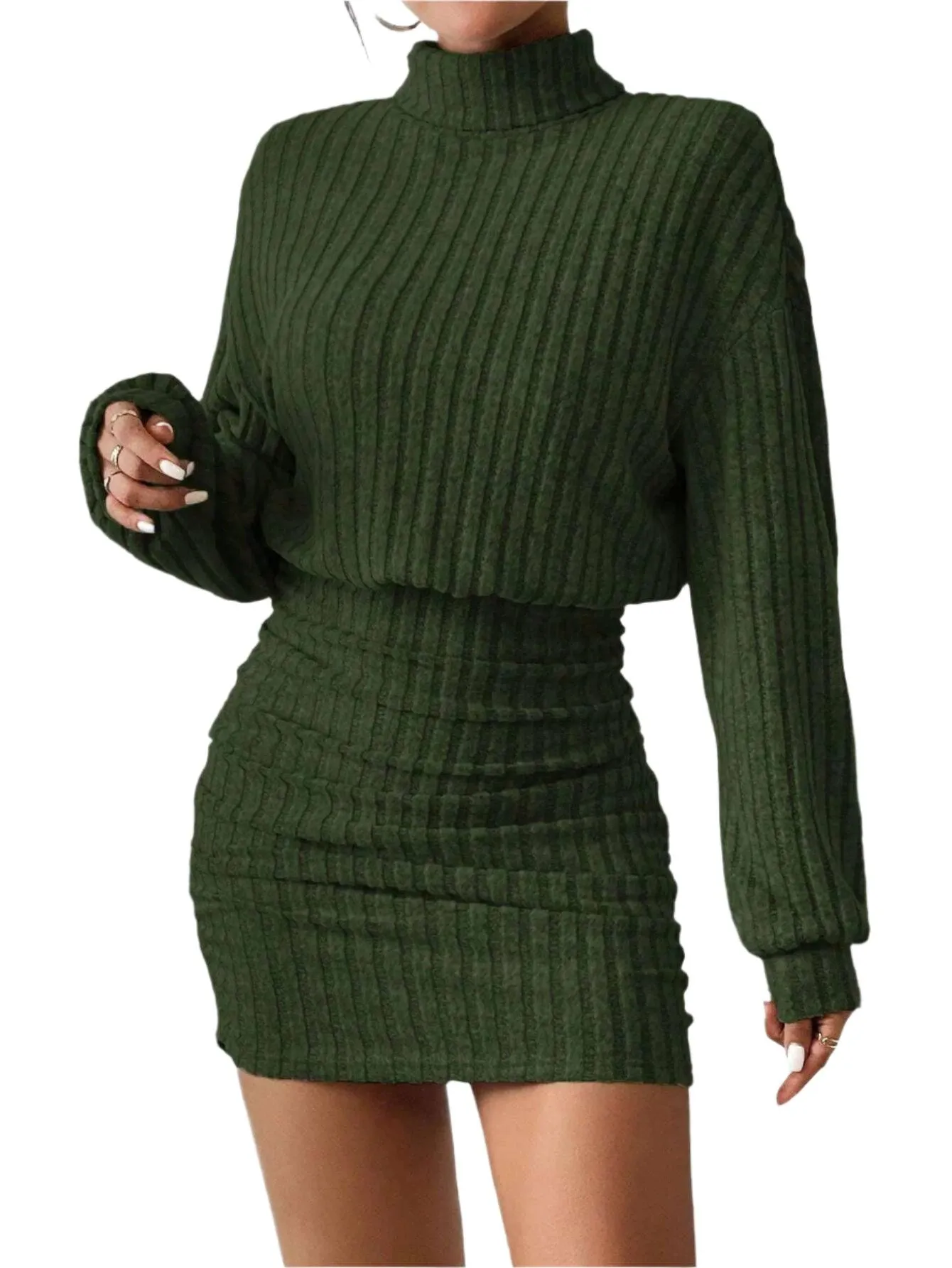 Women's High Neck Slim Knit Sweater Dress – Casual Long Sleeve Solid Mini Dress