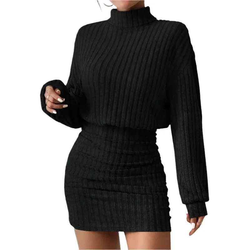 Women's High Neck Slim Knit Sweater Dress – Casual Long Sleeve Solid Mini Dress