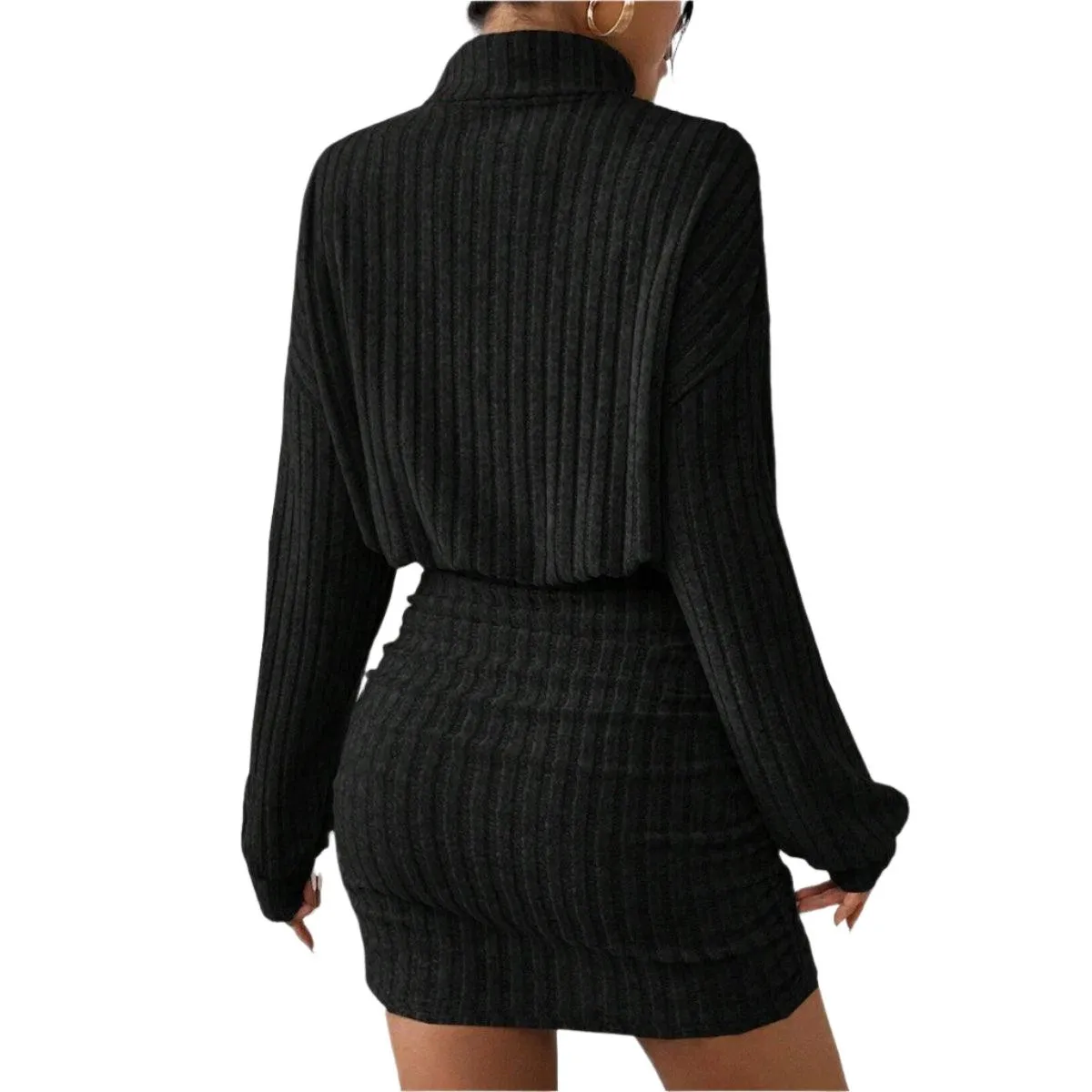 Women's High Neck Slim Knit Sweater Dress – Casual Long Sleeve Solid Mini Dress