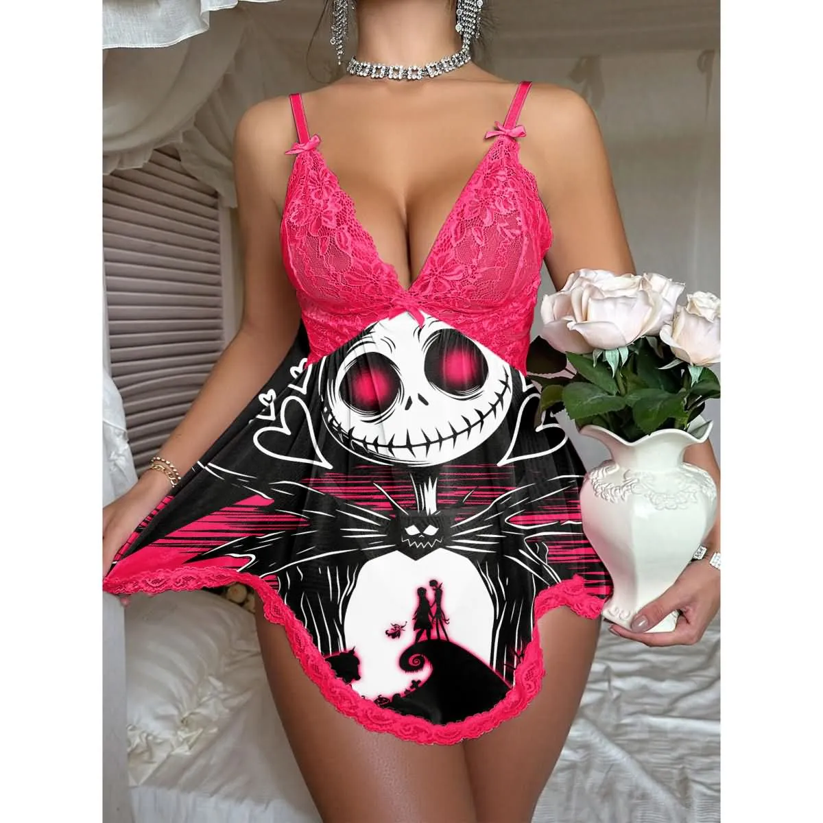 Women's Lace Nightgown, Sexy Black Pink Asymmetrical Bottom Cut Babydoll Chemise Nightwear Outfit