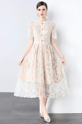 Women's Puff Sleeve Lace Mesh Midi Dress
