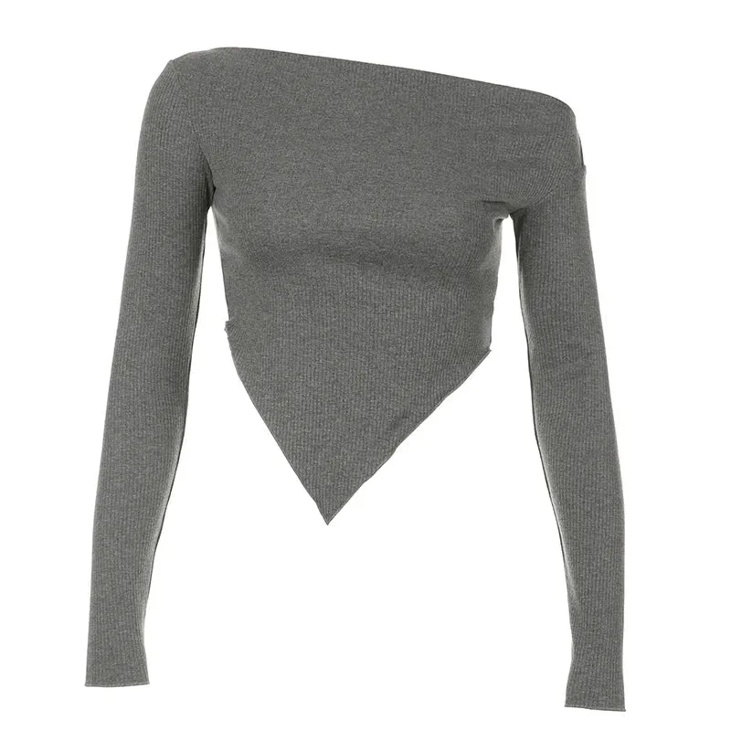 Y2K Aesthetic Grey Knit Crop Top – Asymmetrical Collar Design