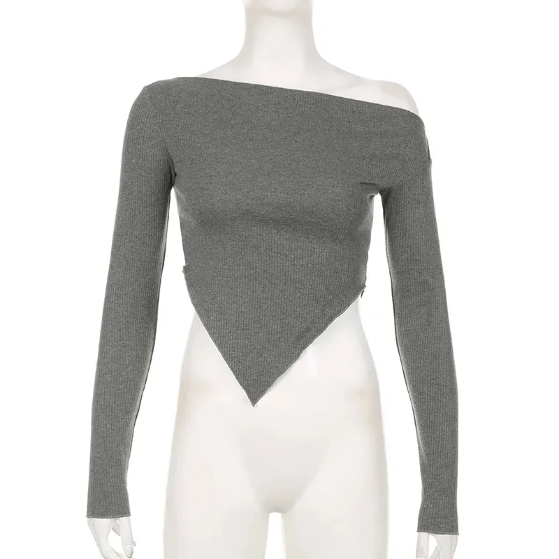 Y2K Aesthetic Grey Knit Crop Top – Asymmetrical Collar Design